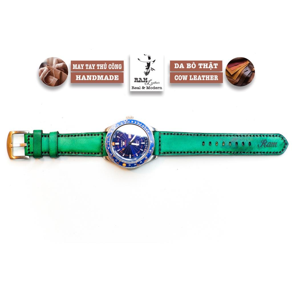 Dây đồng hồ da bò thảo mộc vegtan xanh ngọc handmade bền chắc RAM Leather
