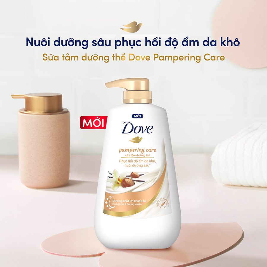 Sữa tắm dưỡng thể Dove Pampering Care phục hồi độ ẩm da khô với bơ hạt mỡ và hương hoa vanilla 500g