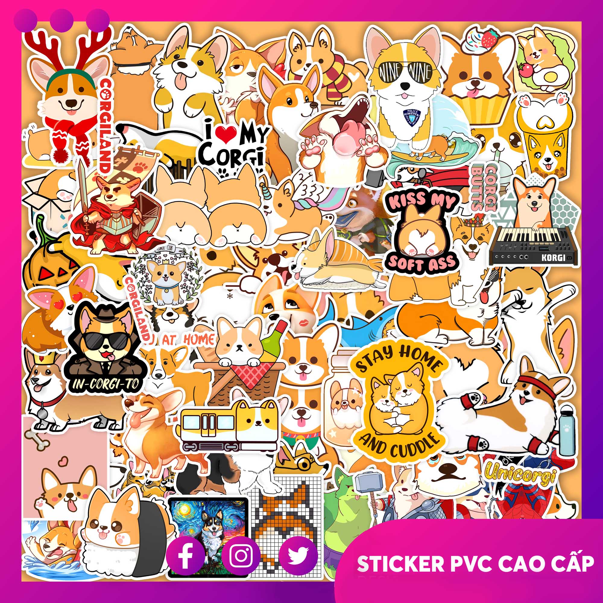 Set 50 Hình Sticker Chủ Đề Corgi