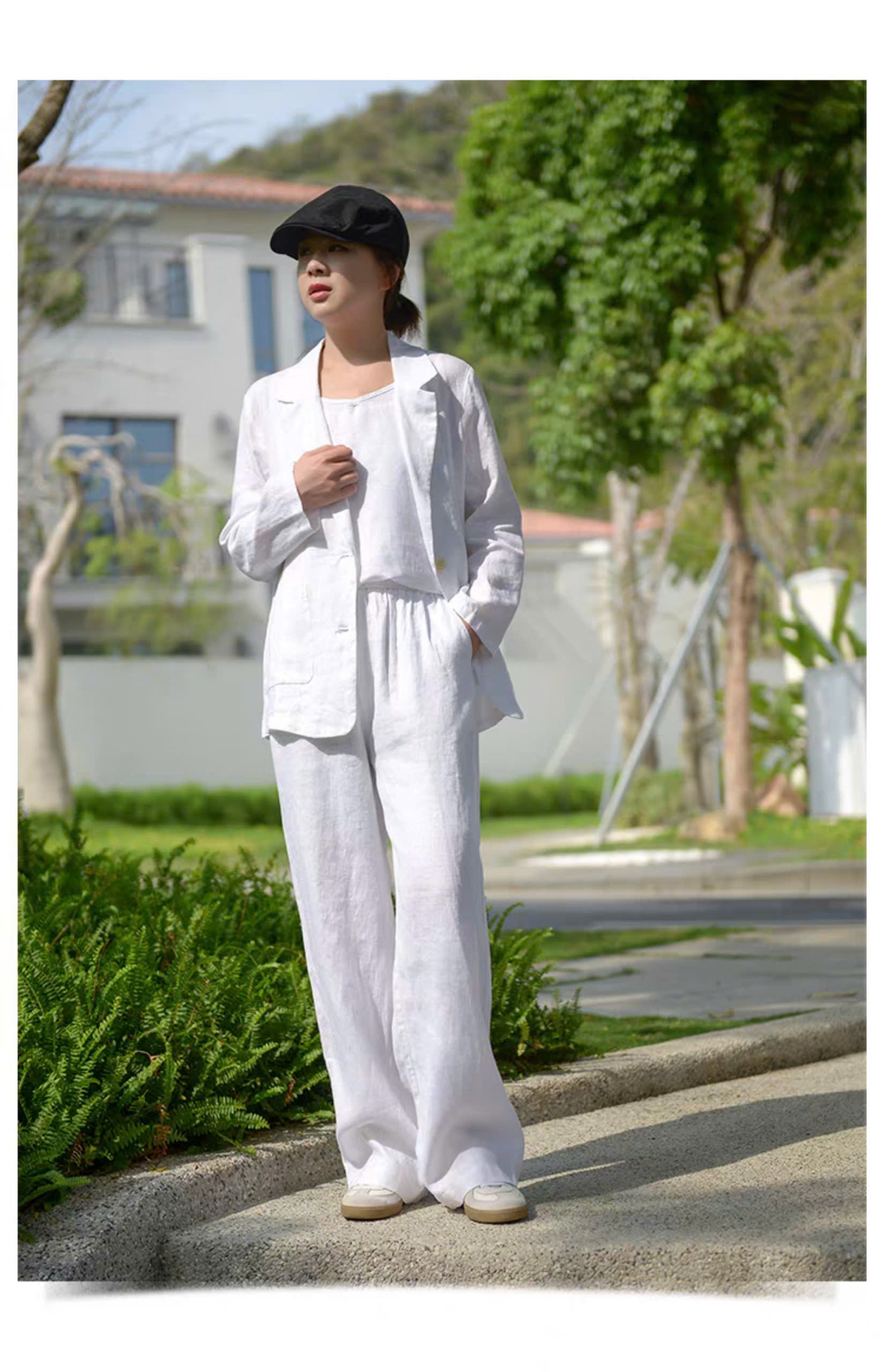 Set bộ áo khoác blazer tay dài và quần ống rộng cạp chun cực phong cách, tối giản, vintage