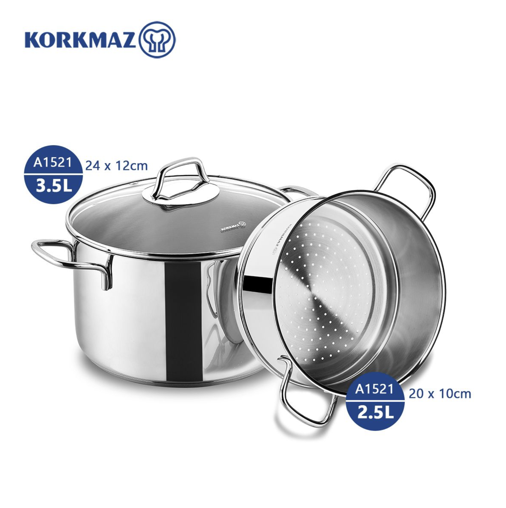 Bộ nồi xửng hấp inox 18/10 Korkmaz Perla 20cm -  Hàng Chính Hãng