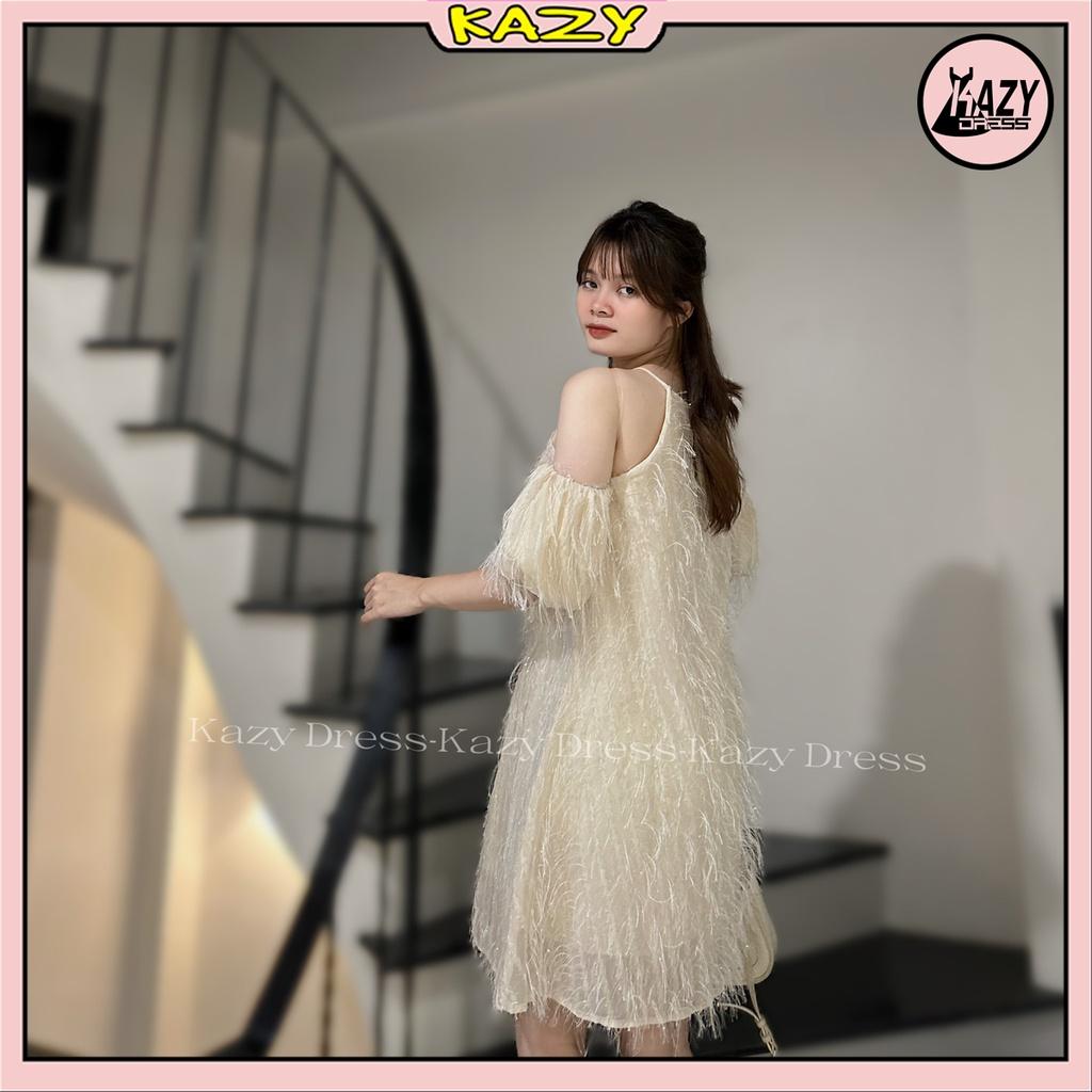 Váy cổ yếm trễ vai tơ lông mềm mịn phong cách tiểu thư KAZY DRESS V047