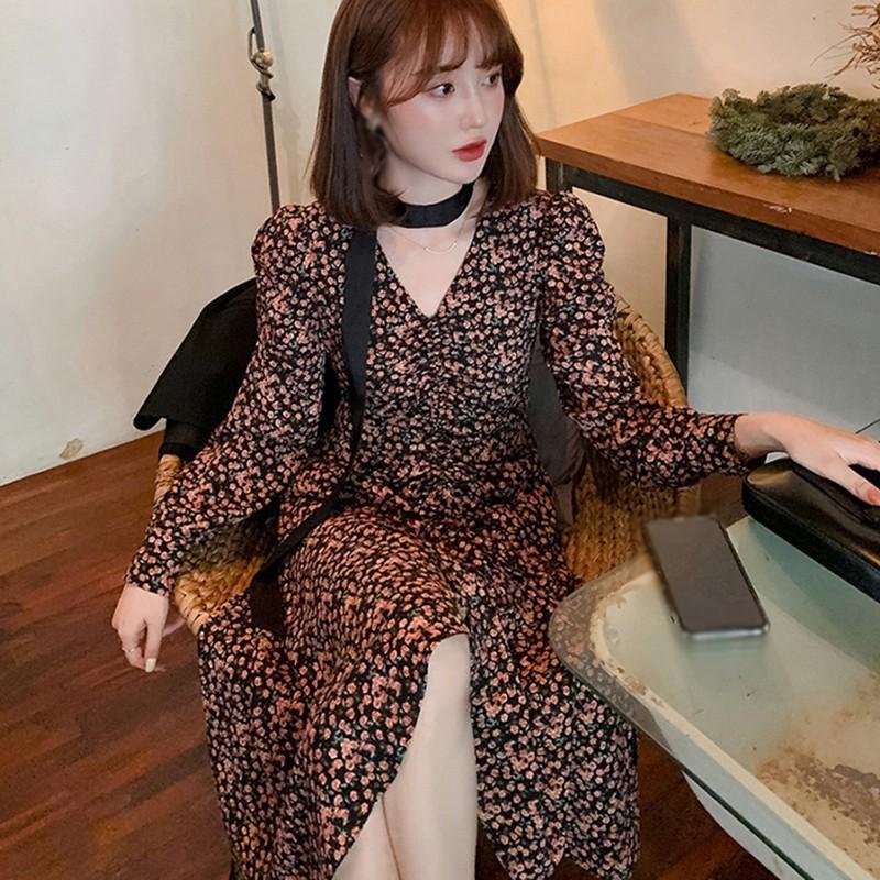 Đầm Nữ Tay Dài Cổ Chữ V In Hoa Thời Trang Quyến Rũ