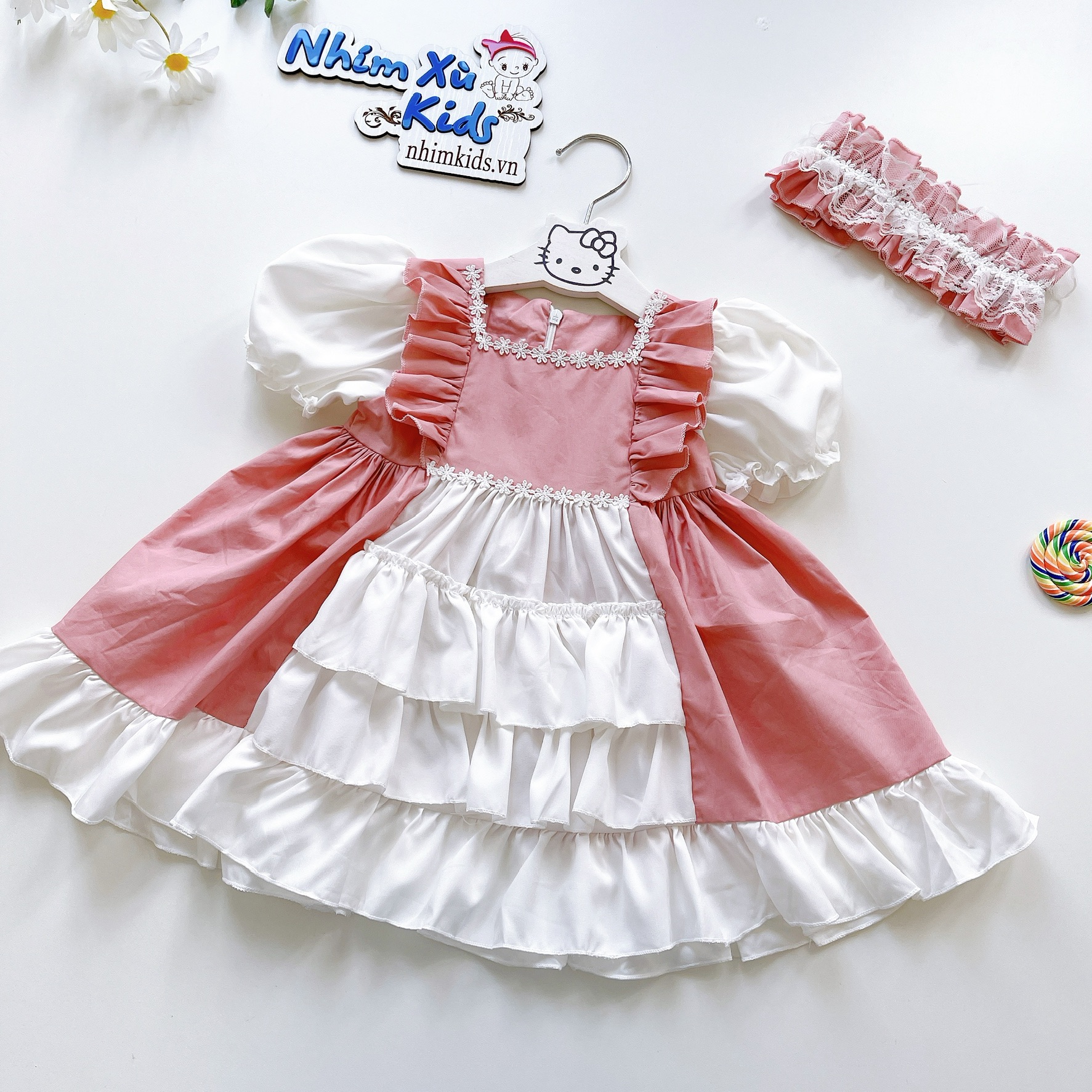 Váy Lolita bèo hồng bé gái 4 đến 17kg, Đầm bé gái chất lụa nến mềm mát