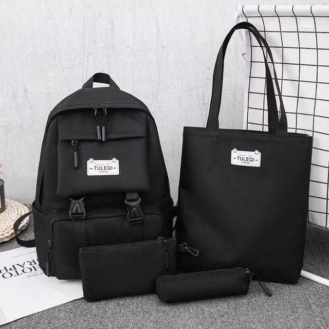 Balo thời trang, balo đi học, đựng laptop Balo Set 4 Món Thời Trang 2 Khoá Cute balo nữ vải học thời trang Cặp- Balo sinh viên học sinh đa năng
