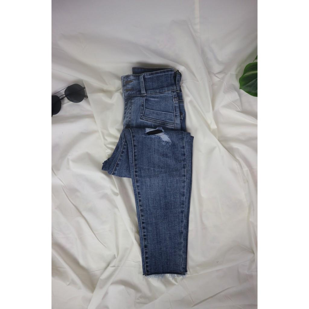 Quần Baggy jean xước, cạp cao, 2 cúc ️̀ ̂́️ co giãn 4 chiều, hiệu ứng kéo dài chân