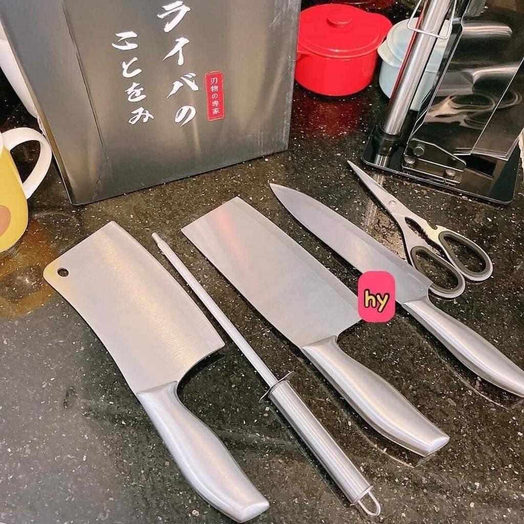 Bộ Dao Kéo 5 Món Nhật Bản Bằng Thép Cao Cấp - Chống Gỉ, Tặng Kèm Khay Để Bàn