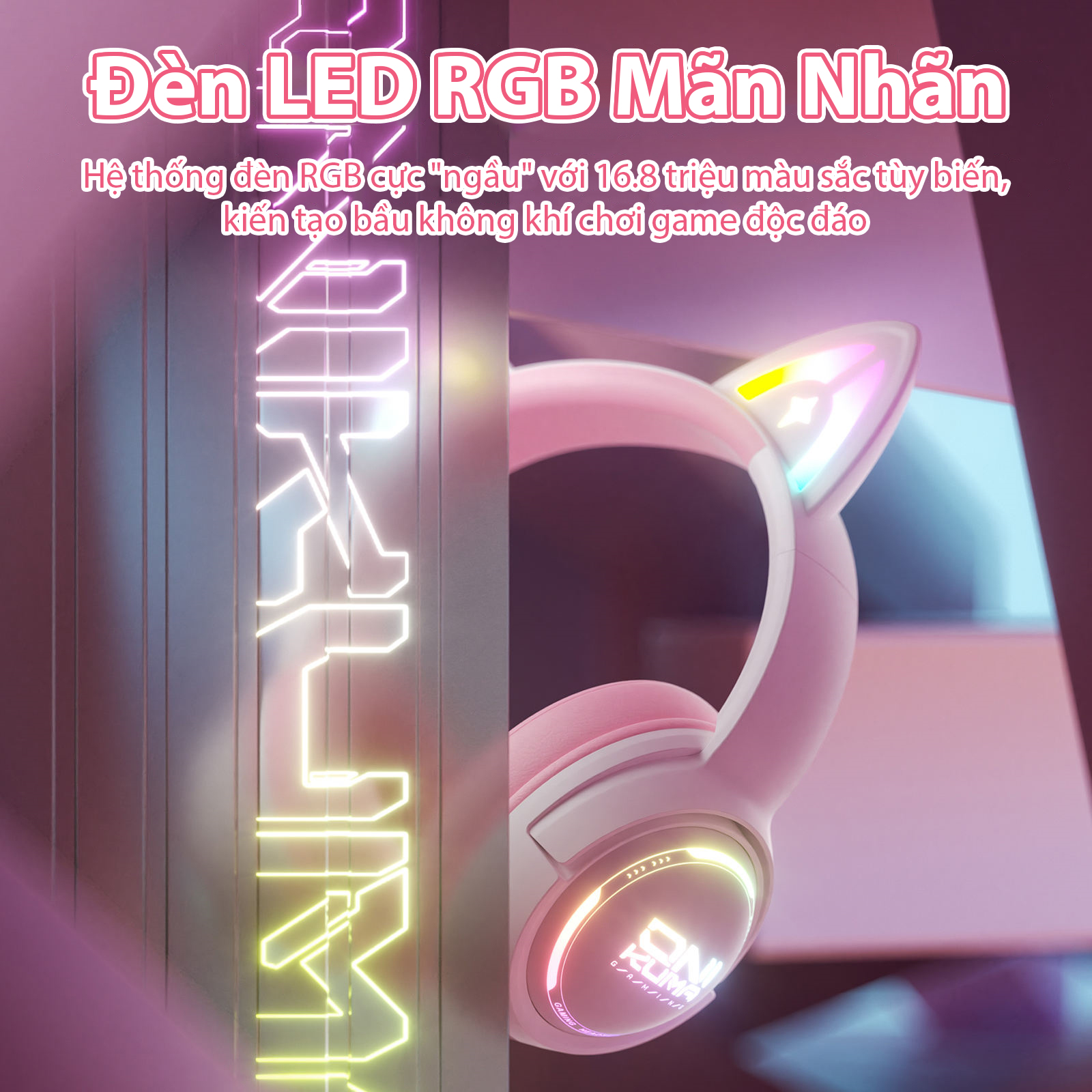 TAI NGHE ONIKUMA GT838 (2.4G+Bluetooth+Wired) Tri-Mode White Pink - Hàng Chính Hãng