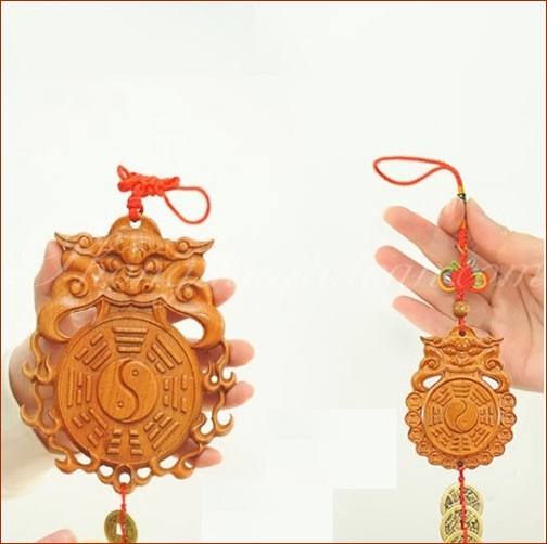 Gương Bát quái Gỗ Đào Phù Điêu Tiên Thiên Hổ phù+tặng bột ngũ vị ,móc dán,văn khấn