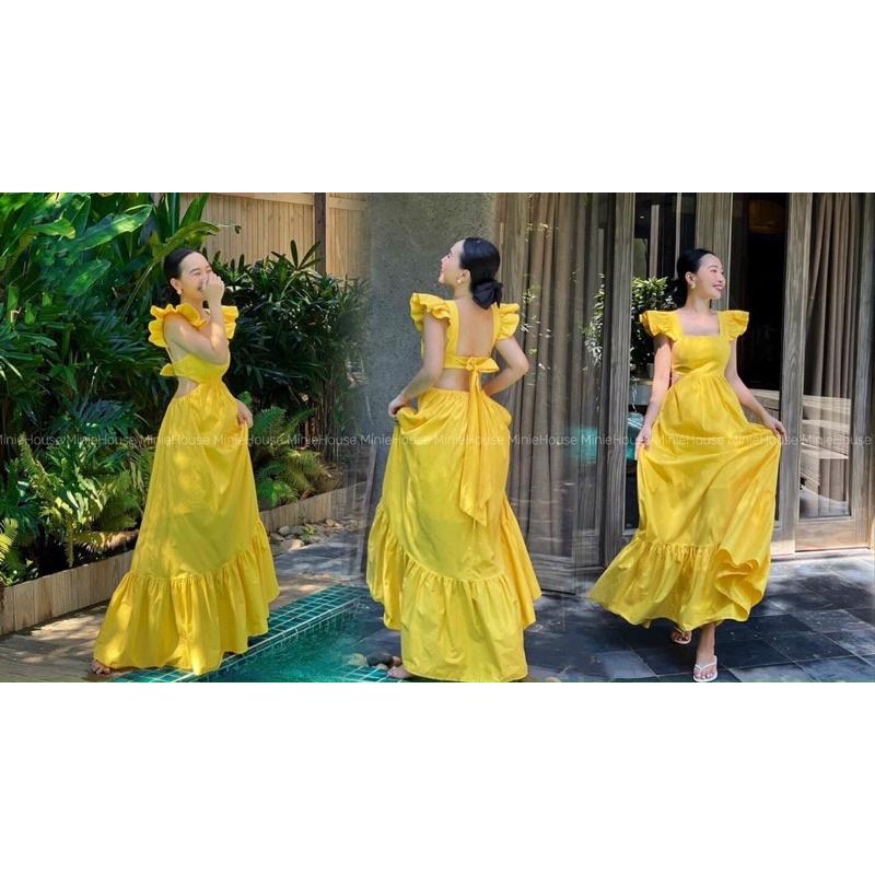 Đầm maxi đi biển cánh tiên hở lưng khoét eo nơ lưng nhún thun 3 màu hot trend