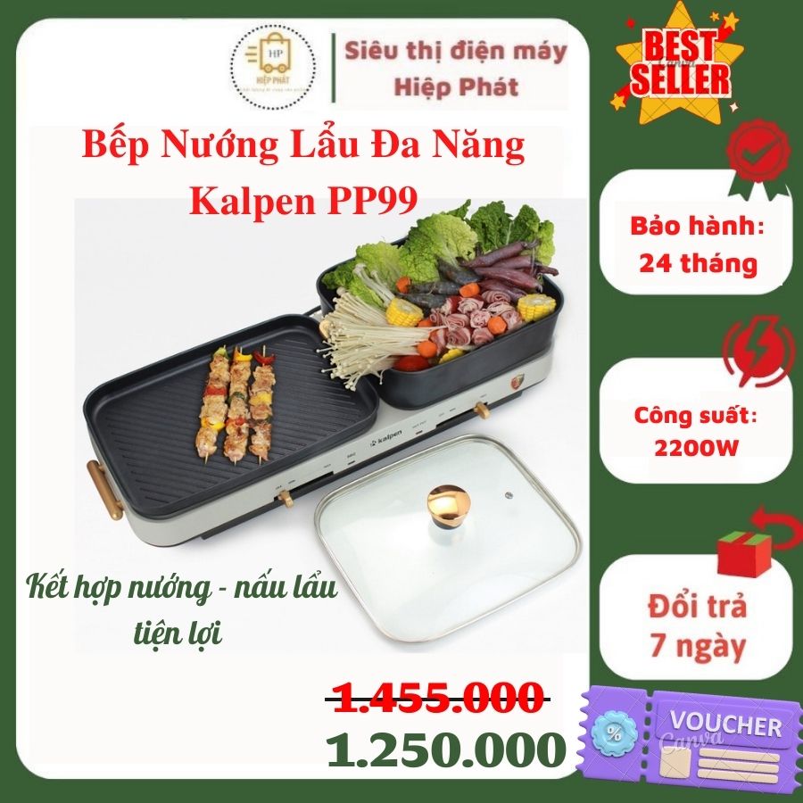 Nồi lẩu nướng đa năng cao cấp Kalpen PP99, công suất 2200W, bếp hai vùng nấu điều khiển độc lập tiện lợi - Hàng chính hãng