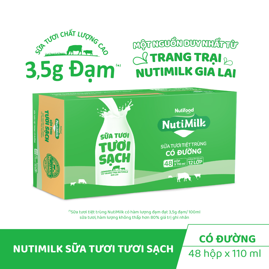 Thùng 48 hộp Sữa Tươi Tươi Sạch Nutimilk Có Đường 110ml