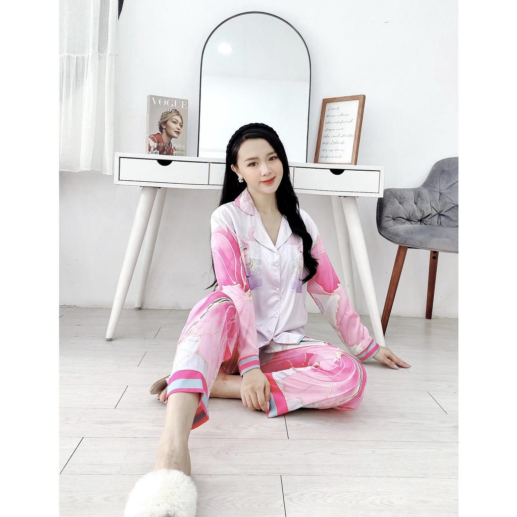Set bộ Pijama nữ quần dài ống suông rộng và áo tay dài in họa tiết vải lụa latin cao cấp - HMN Fashion