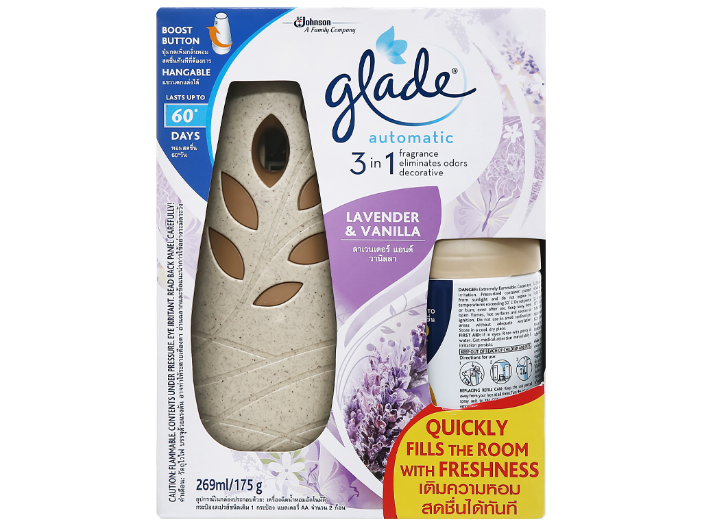 Máy xịt thơm phòng tự động Glade Hương Vani và Oải Hương
