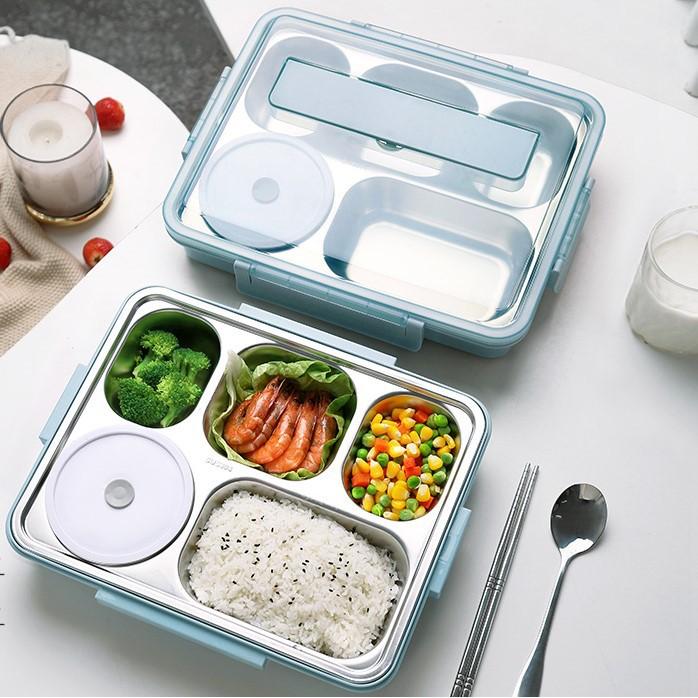 Combo 5 Khay Đựng Cơm 5 Ngăn Inox Có Nắp Đậy Chống Tràn Có Cốc Đựng Canh và Đũa Thìa Inox