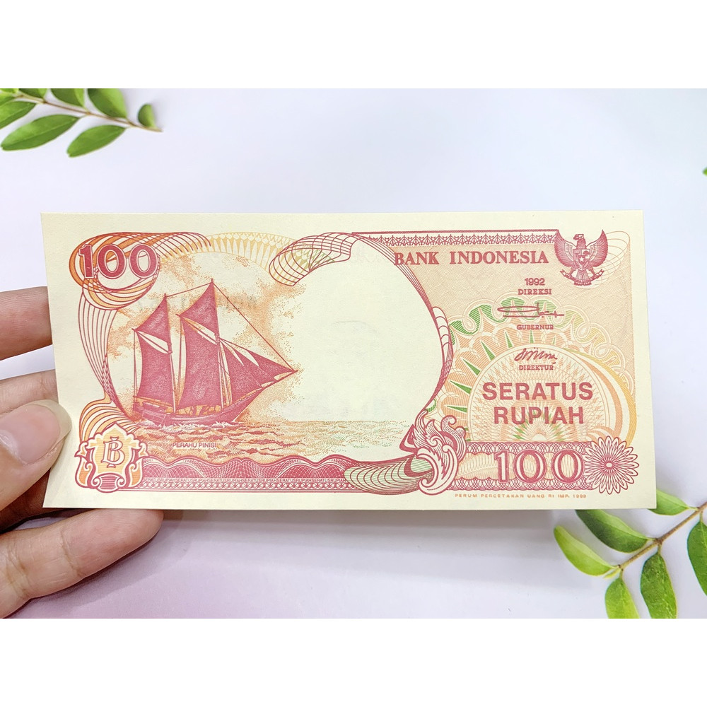 Tờ tiền thuận buồm xuôi gió Indonesia 100 Rupiah phong thủy làm quà tặng -  tặng phơi nylon bảo quản tiền