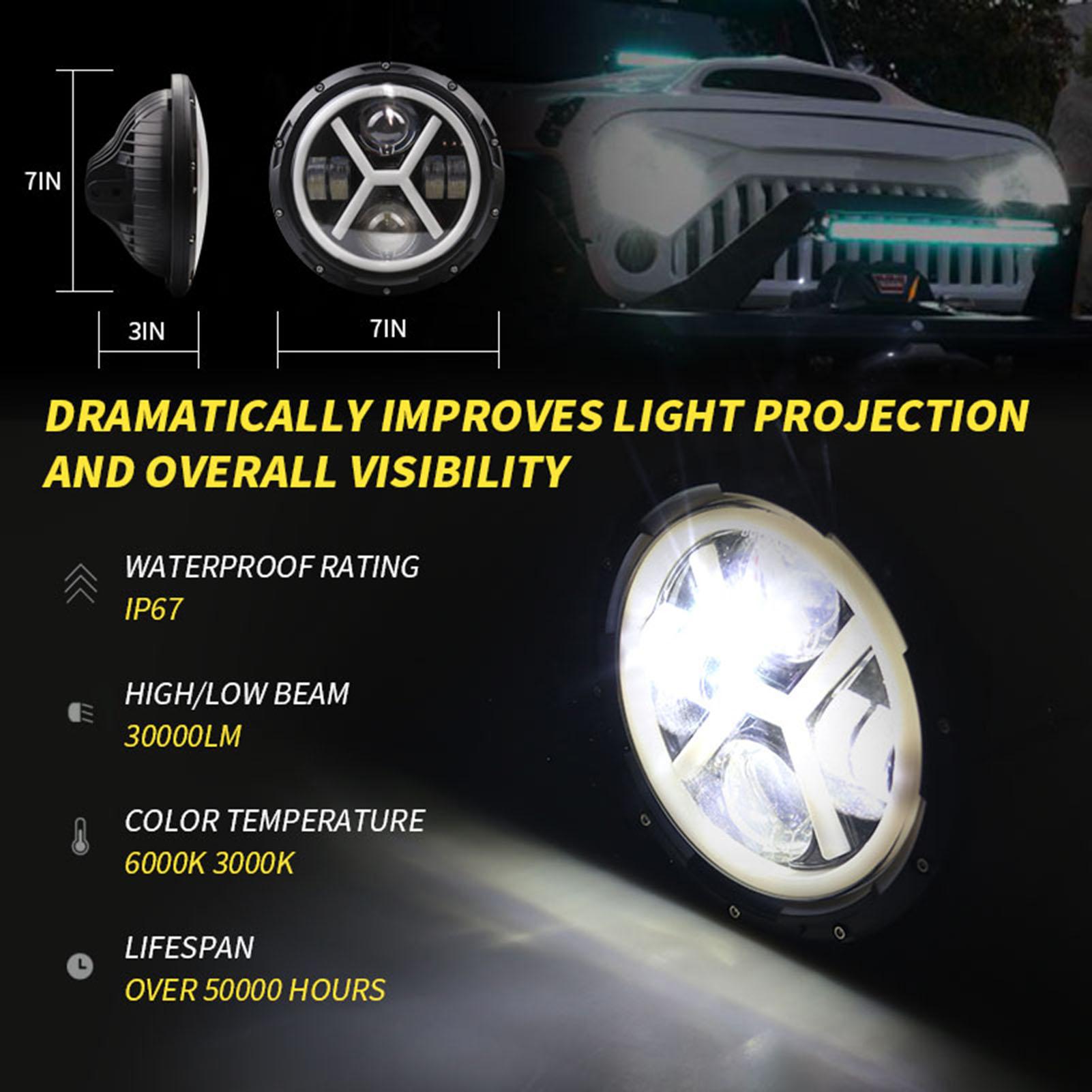 1PCS 7in Round LED Projector Headlight X-Type Hi/Lo Beam Super Bright Headlamp Replacement for Jeep Wrangler JK JKU CJ