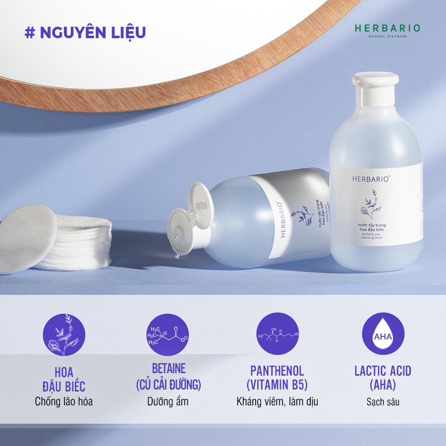 Nước tẩy trang Hoa Đậu Biếc Herbario 300ml thuần chay giúp cấp ẩm, chống lão hóa thuần chay