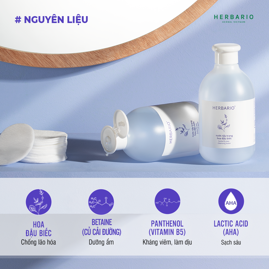Nước tẩy trang Hoa Đậu Biếc herbario 300ml giảm lão hóa da, da cho da khô, thuần chay