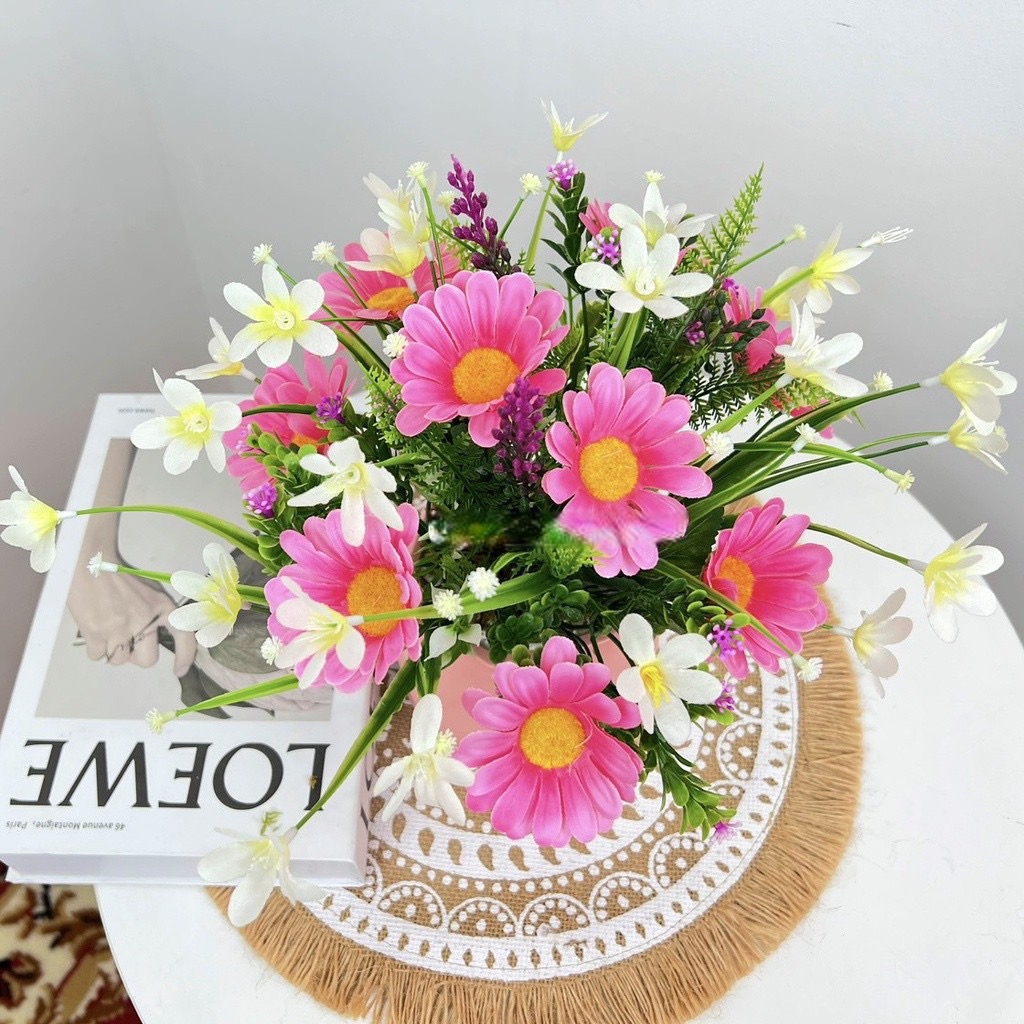 Chậu hoa đồng tiền trang trí để bàn làm việc cây giả - Cây giả, hoa lụa Decor trang trí nhà cửa
