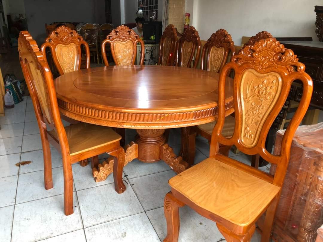 Bộ bàn ăn tròn 8 ghế gỗ gỗ đỏ siêu đẹp