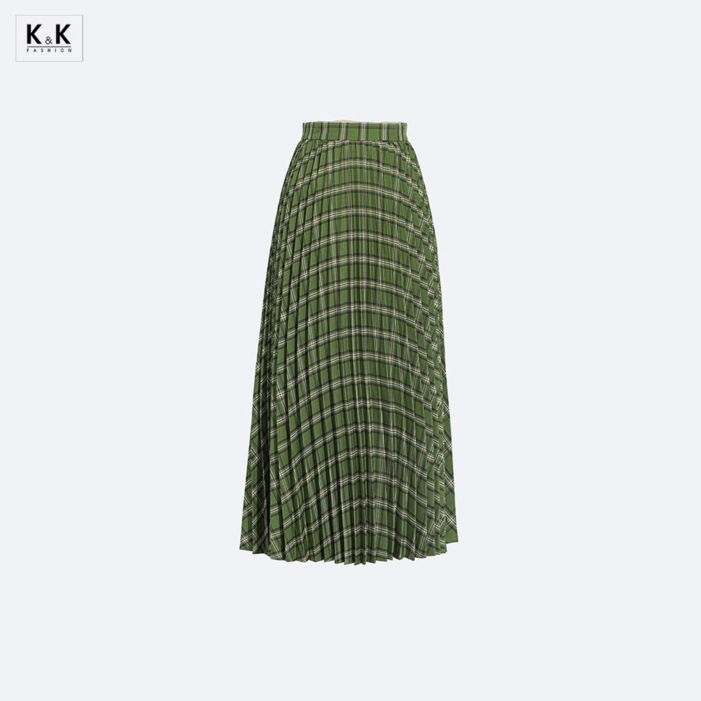 Chân váy midi xòe xếp ly họa tiết caro K&amp;K Fashion CV05-17 Chất Liệu Cotton Lụa Liberty