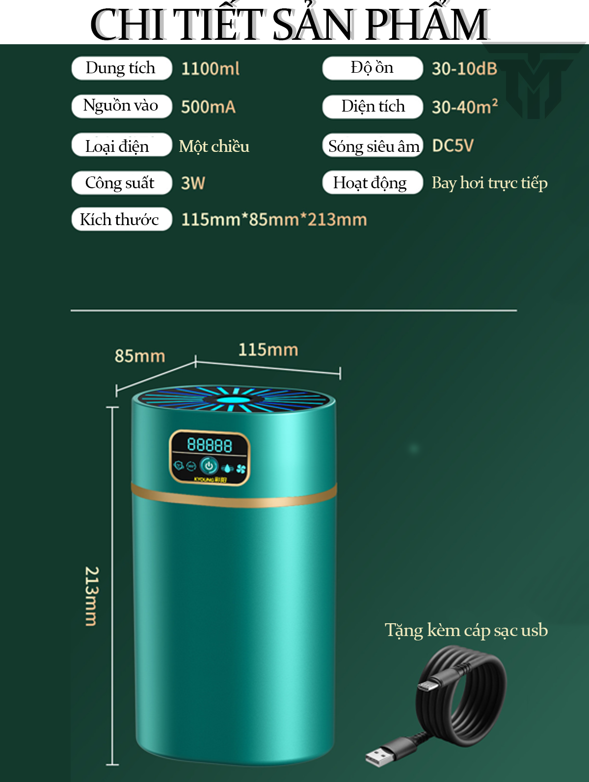 Máy Phun Sương Tạo Ẩm Không Khí Teement , Máy Xông Và Khuyếch Tán Tinh Dầu Dung Tích 1.1 Lít Với 3 Chế Độ Phun, Tích Hợp Đèn Ngủ Tự Thay Đổi Màu Sắc, Độ Ồn Thấp, Phun Liên Tục 8h Và Tự Ngắt Khi Hết Nước, Sạc Usb Tiên Lợi,  - Hàng Chính Hãng