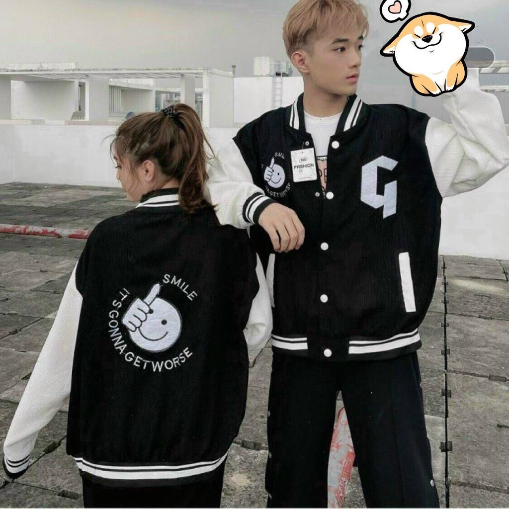 Áo Khoác Bomber Jackets Nhung Gân Tăm Thêu G-SMILE Jacket Varsity  Unisex Form Rộng Ulzzang NUPAKACHI