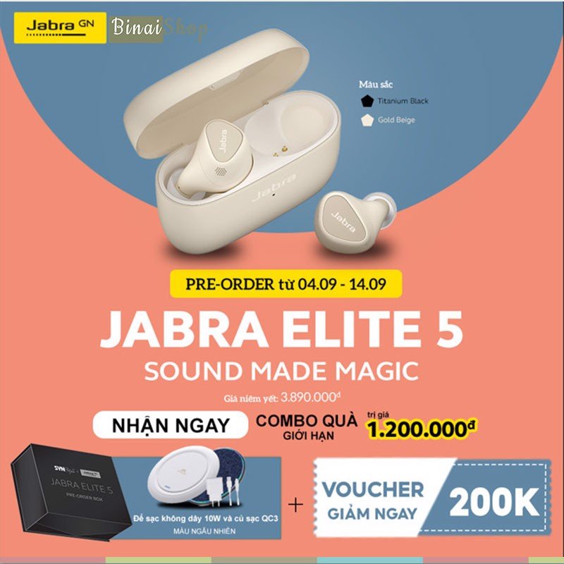 Jabra Elite 5 - Tai Nghe Nhét Tai True Wireless, Bluetooth, ANC, Đàm thoại- Hàng Chính Hãng