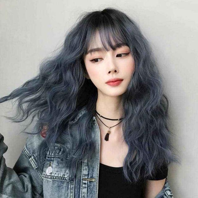 Tóc giả xoăn xù sóng nguyên đầu lửng xù sóng xám xanh