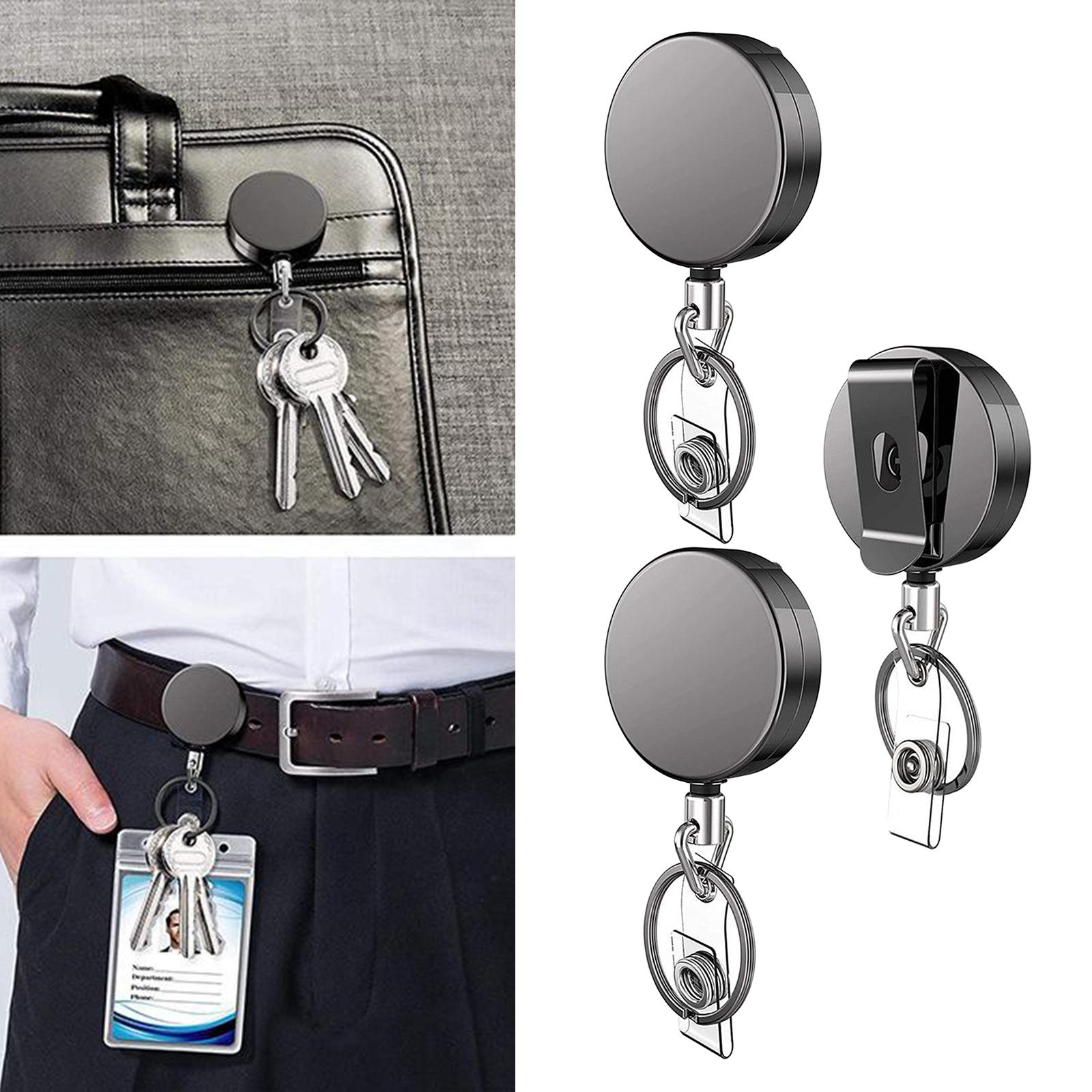 3x Retractable Metal Reel Badge ID Holder Belt Clip Recoil Name Key Ring Chain