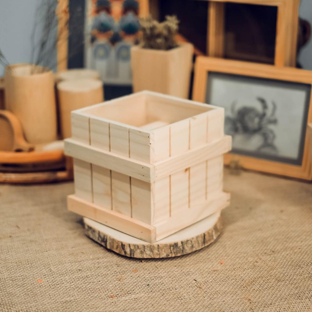 Châu gỗ vuông cắm hoa - Trang trí có chỉ sọc - wooden pots