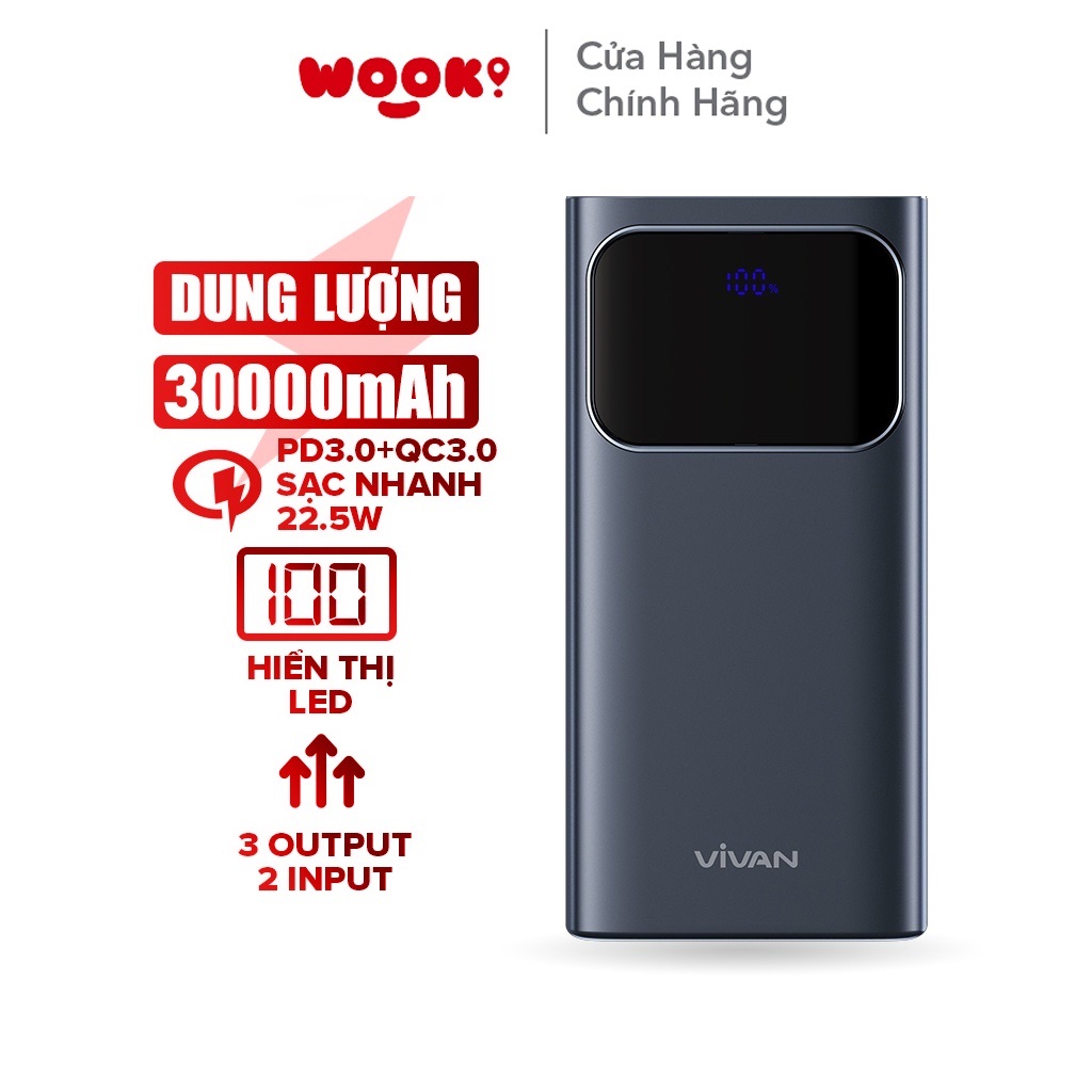 Pin Sạc Dự Phòng VIVAN VPB-C30 Dung Lượng 30000MAH Công Suất Lớn 22.5W Hỗ Trợ Sạc Nhanh 5A Chuẩn PD QC 3.0 VOOC Hàng Chính Hãng