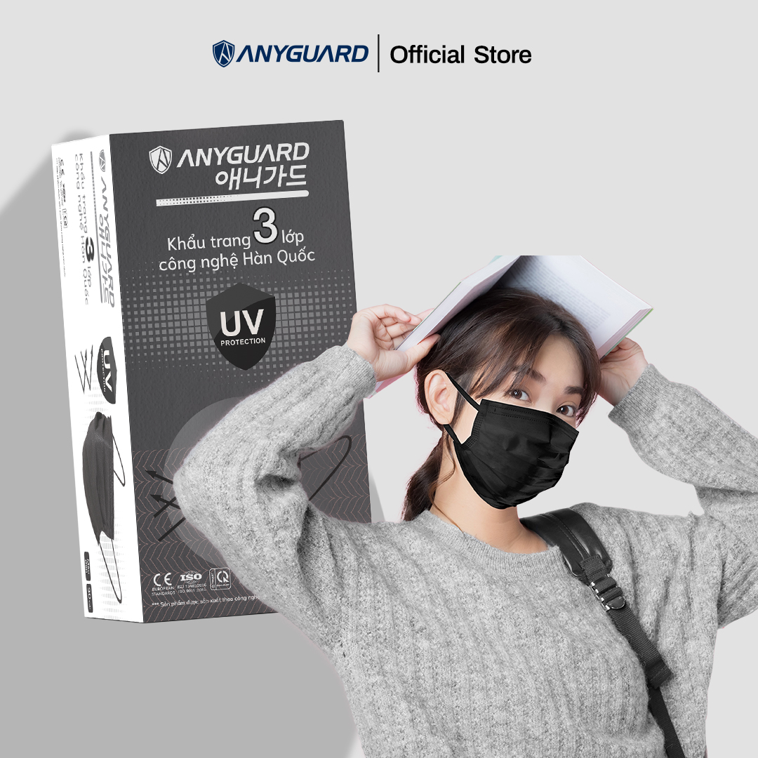 Khẩu Trang Anyguard Hàn Quốc 3 Lớp Màu Đen Chính Hãng - Lọc 99% Vi Khuẩn, UV Protection (Hộp 30 Cái) - Bảo Vệ Hằng Ngày - Tiêu Chuẩn Công Nghệ Hàn Quốc - ISO 9001:2015, ISO 13485:2016, QCVN 01:2017/BTC