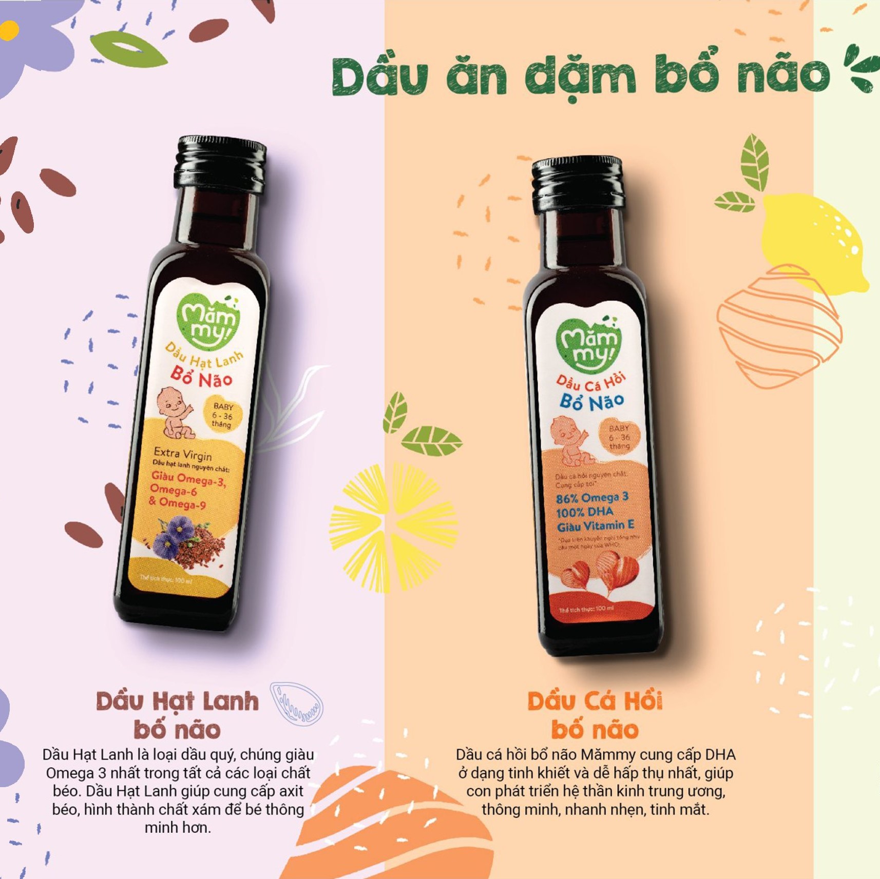 Combo 2 dầu cá hồi, 1 dầu hạt lanh ăn dặm bổ não Mămmy giàu DHA,Omega-3 cho bé từ 6 tháng (100ml/chai)