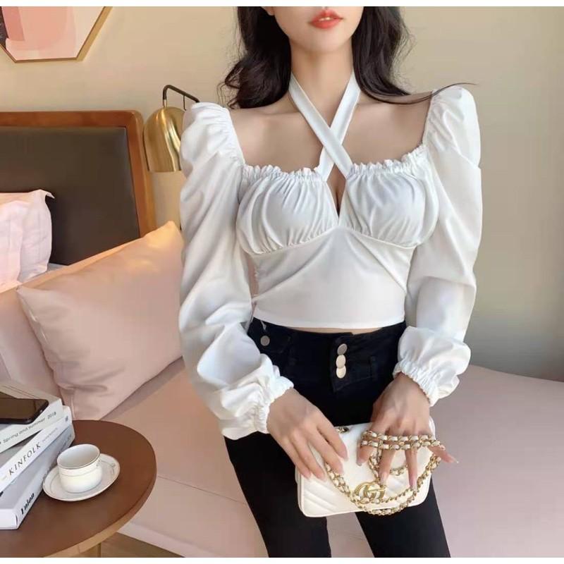 Áo sơmi thắt nơ ngực croptop bèo nhún sexy 2021