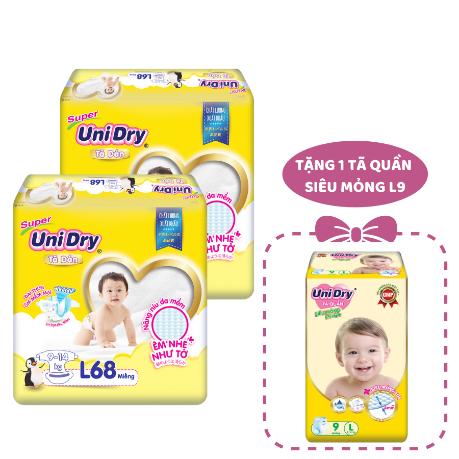 Combo 2 Tã Dán UniDry Gói Cực Đại size L68 (68 miếng) - Tặng 1 Tã Quần Siêu Mỏng UniDry Ultrathin L9