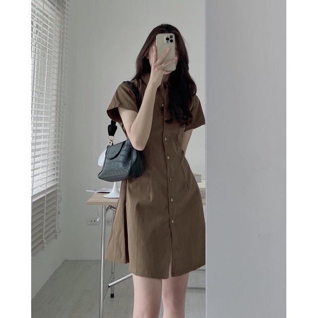 Đầm váy nữ basic cổ sơ mi cài cúc chiết lưng chun nhiều màu thời trang váy nữ cộc tay nhiều màu 5915