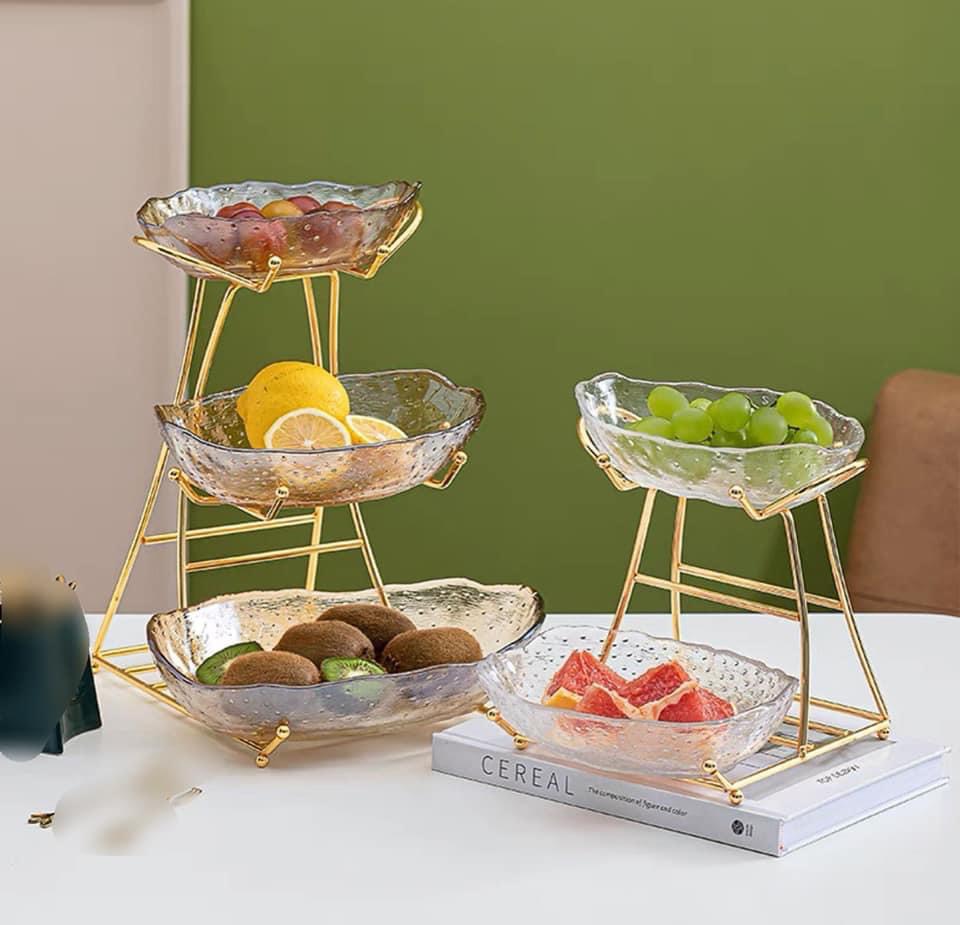 KHAY ĐỰNG SALAD BÁNH KẸO HOA QUẢ THỦY TINH 3 TẦNG KHUNG KIM LOẠI MẠ VÀNG SANG TRỌNG - VD187