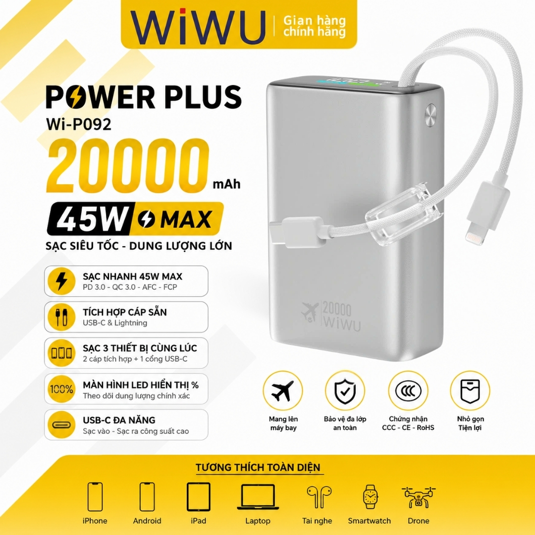 Pin dự phòng WIWU PowerPlus PD 3.0 45W 20.000mAh tích hợp cáp USB-C &amp; L(iP) sạc nhanh cho iPhone iPad Laptop Macbook - sạc nhanh ổn định, tối ưu hiệu suất, Chuẩn an toàn 3C / CCC / CE / RoHS,  Thiết kế nhỏ gọn, cao cấp - hàng nhập khẩu