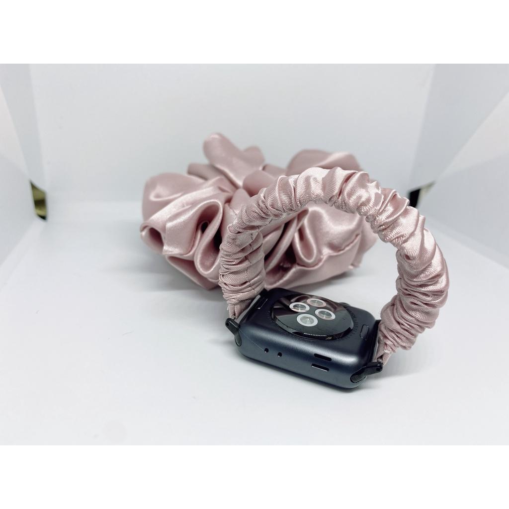 Combo dây đồng hồ apple watch và scrunchies dây cột tóc, buộc tóc vải satin lụa HỒNG Noel