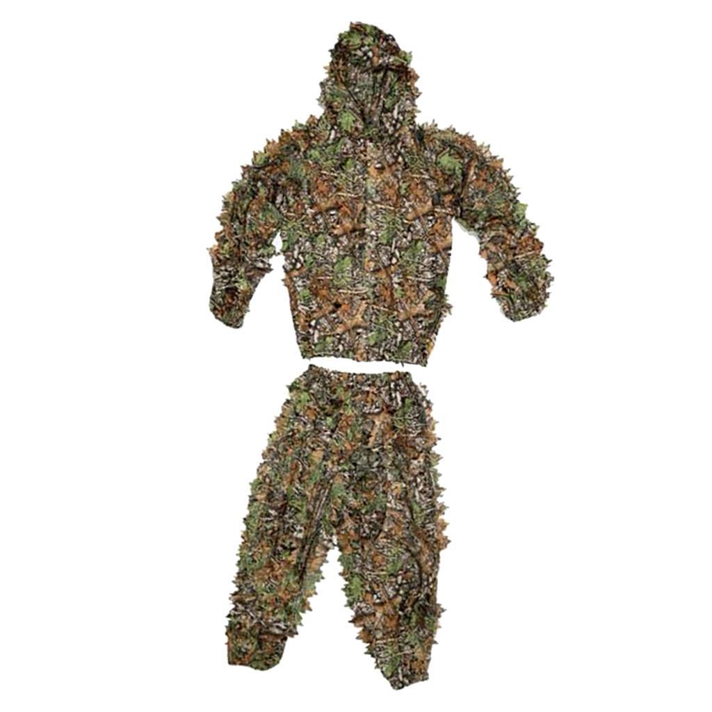 2x Breathable Leafy Camo Hooded Stretchy Ghillie Suits Clothes Jacket Pants Lightweight for Child Unisex Outdoor Hunting Shooting Wildlife Photography