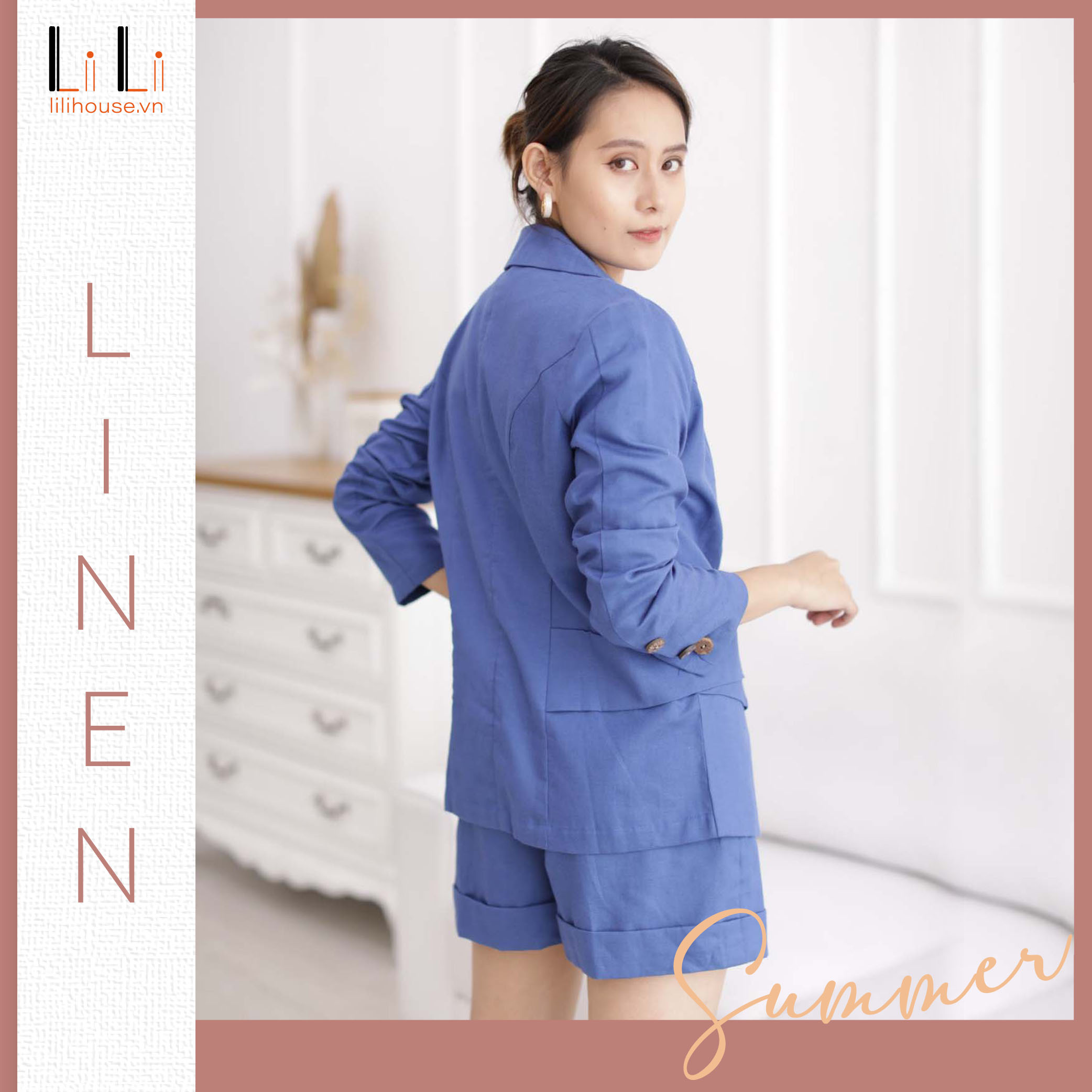 Set Vest, BLAZER nữ LINEN cao cấp - Màu Xanh Coban