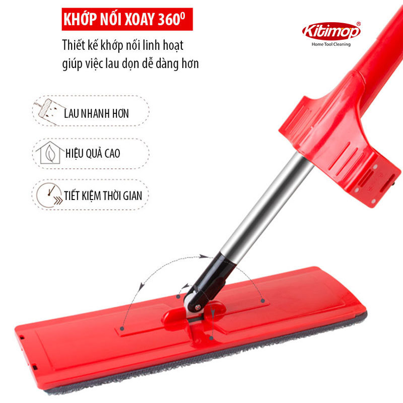 Cây lau nhà tự vắt thông minh chổi lau nhà 360 độ, kèm 2 miếng lau Kitimop-RED, vắt kiệt nước dễ dàng, cầm nhẹ tay, chổi lau nhà thông minh