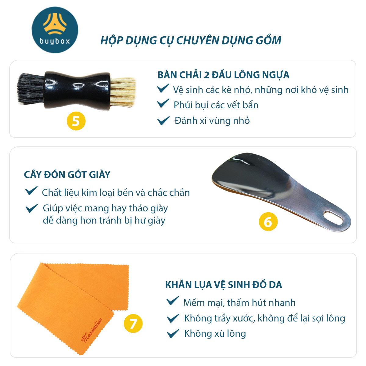 Bộ dụng cụ đánh giày da 7 món bao gồm xi và đủ bộ bàn chải, có tặng kèm hộp bảo quản giày da sạch sẽ - Buybox - BBPK292