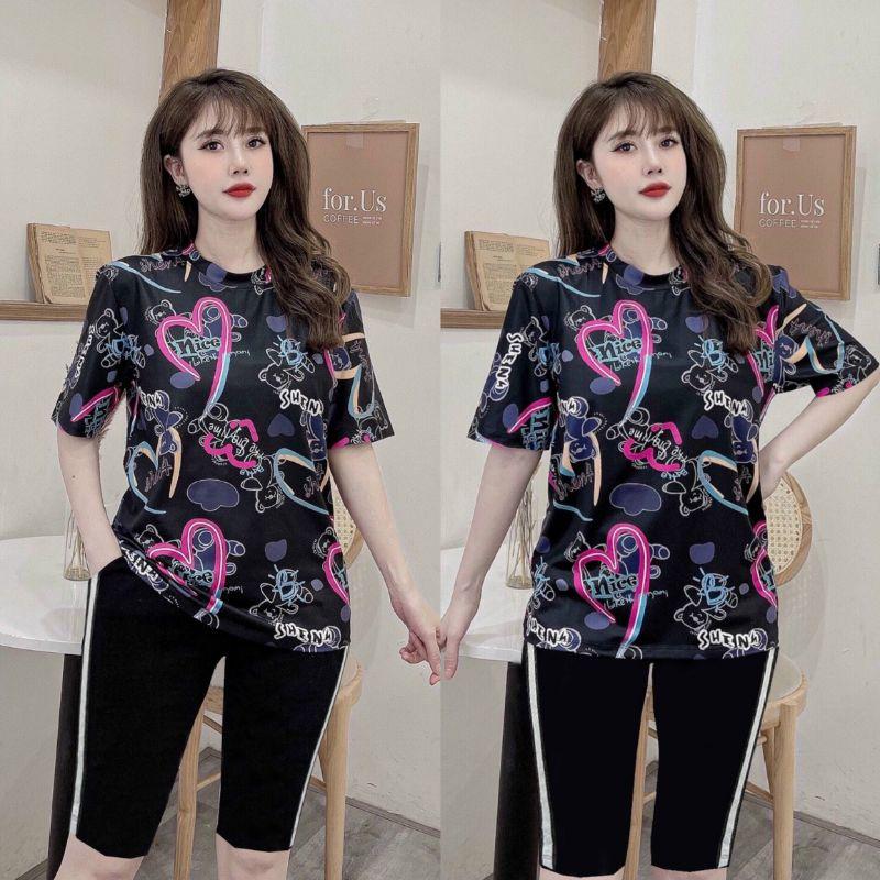 HÀNG CAO CẤP- Sét bộ thun lửng quần ngố áo form rộng in họa tiết trái tim siêu xinh