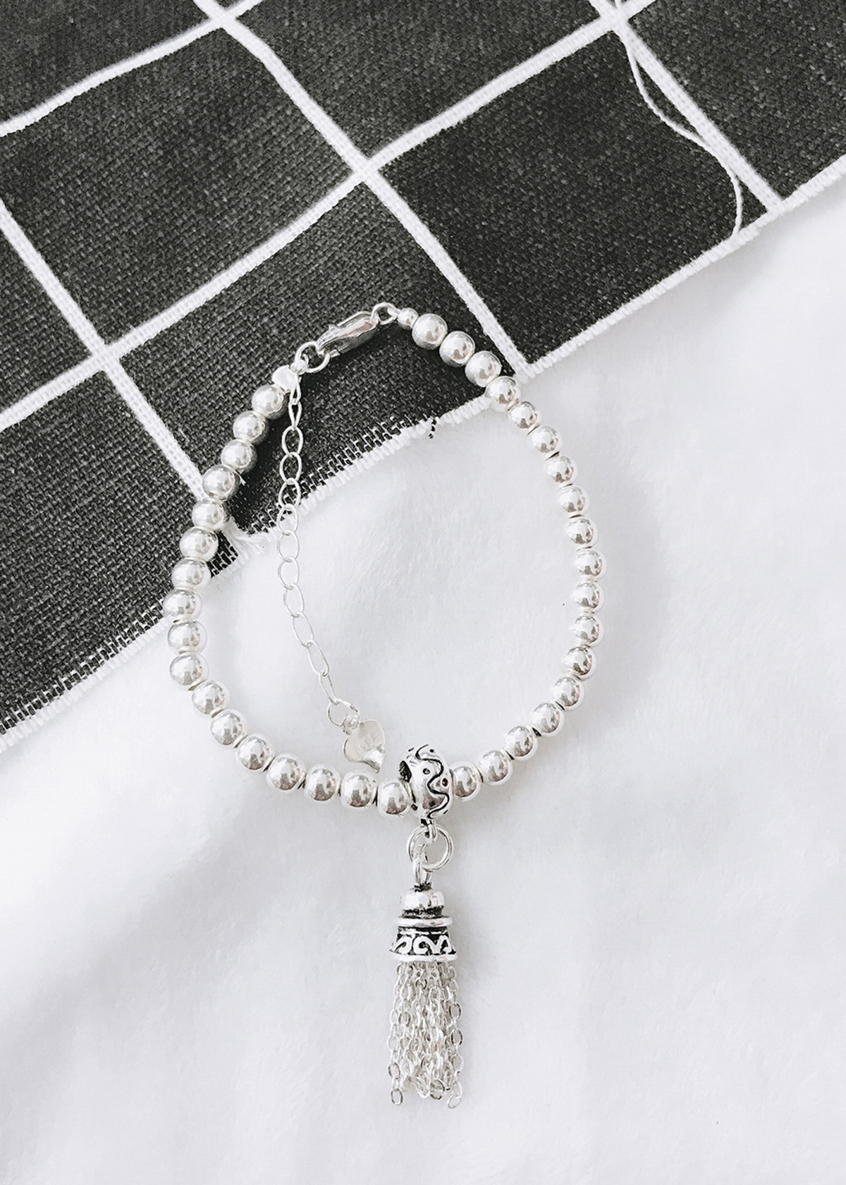Lắc bi bạc 3mm charm chuông tua bạc -  Ngọc Quý Gemstones