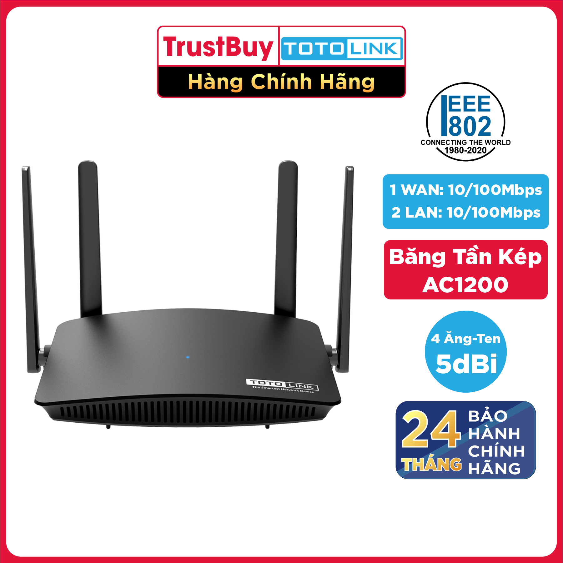 Bộ Router Phát WiFi Băng Tần Kép Chuẩn AC1200 5GHz Đến 867Mbps, 2.4GHz Đến 300Mbps TOTOLINK A720R - Hàng Chính Hãng