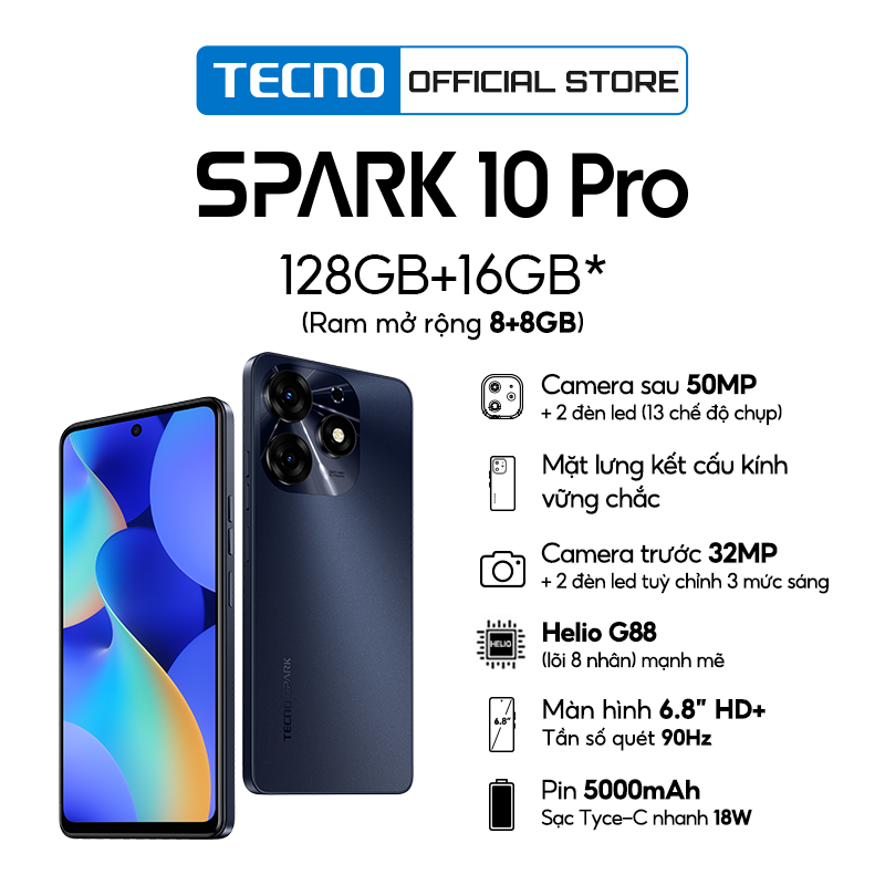 Hình ảnh Điện thoại Tecno SPARK 10 Pro 8GB/128GB - Helio G88 | 5000 mAh | Sạc nhanh 18W | Cảm ứng vân tay - Hàng chính hãng