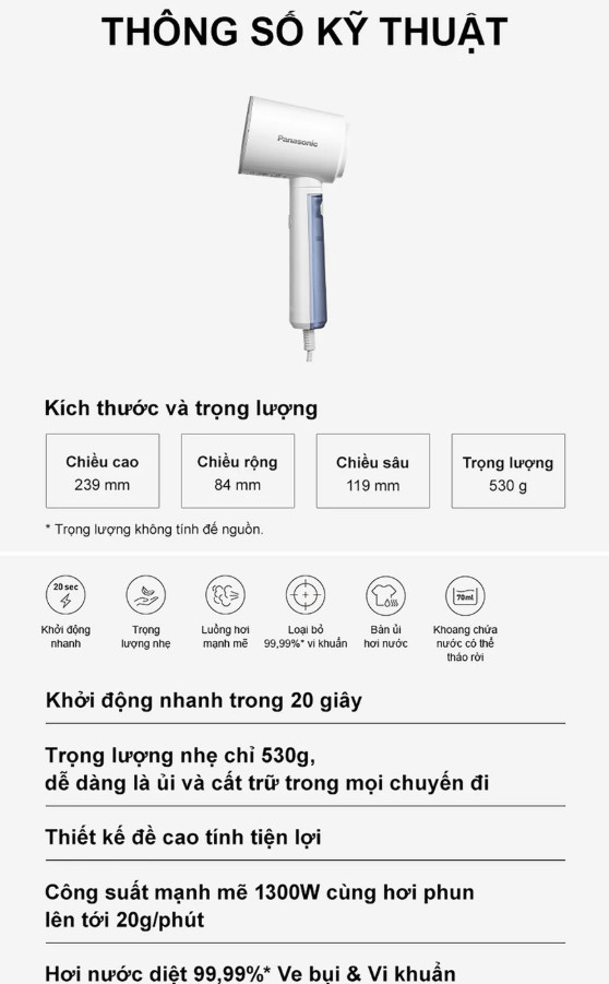 [ Hàng Chính Hãng ] Bàn Ủi Hơi Nước Cầm Tay Panasonic NI-GHD015WRA – Công Suất 1300W, Diệt Khuẩn, Là Phẳng Nhanh